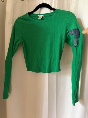 Green Ribbed Long Sleeve Crop Top